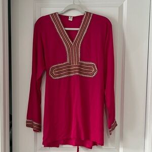Moroccan Embellished V-Neck Tunic in Fuchsia with Metallic Trim M/L Back Ties